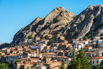 Obraz premium front view of the village of Castelmezzano from the Pietrapertosa Saracen Castle, Dolomiti Lucane, Potenza province, Basilicata
