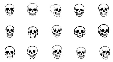  Hand drawn human skull icons collection – black and white cartoon skull illustrations set