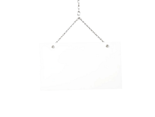 Blank white sign hanging on a silver chain isolated on transparent background