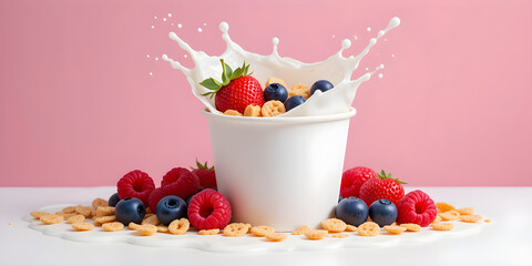 Milk Splash with Berries and Cereal Delicious Breakfast