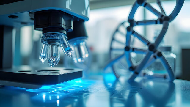 Cutting-edge DNA analysis machines and biotechnology tools in a clinical research environment with precise focus. Scene variation 2 highlighting advanced research techniques.