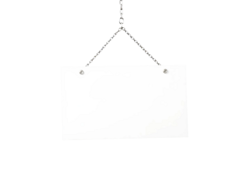 Blank white sign hanging on a silver chain isolated on transparent background
