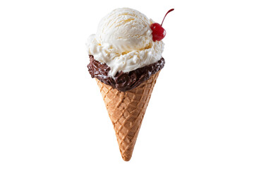 Vanilla ice cream in a waffle cone with chocolate spread and cherry topping, isolated on transparent background