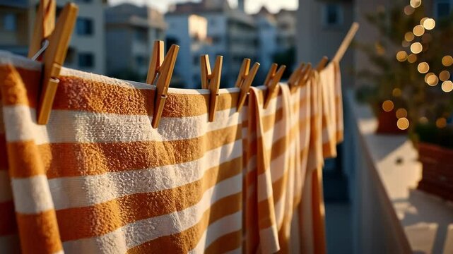 Beach towels drying on a clothesline at sunset, warm summer colors