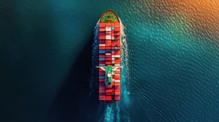 Container ship in import export and business logistic.By crane ,Trade Port , Shipping.cargo to harbor.Aerial view.Water transport.International.Shell Marine.Top view. 