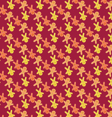 Fototapeta premium A Festive and Playful Seamless Pattern Featuring Rows of Stylized Gingerbread Men and Star-Shaped Cookies in Various Shades of Orange and Yellow on a Deep Red Background.