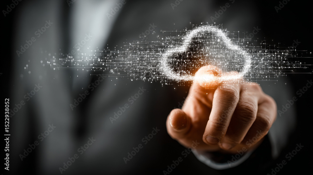 Poster cloud computing: businessman holding virtual interface panel of digital device on global networking,
