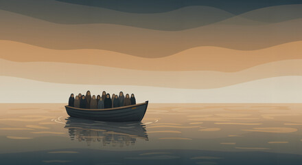 Silhouettes in boat crossing the sea – symbol of forced migration and slavery
