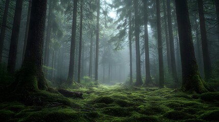 Obraz premium Secluded Forest Panorama: A Detailed View of Towering Trees and Mist-Clad Ground in a Tranquil, Enigmatic Setting