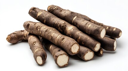 Artistic Representation of a Fresh Cassava Root on a Pristine White Backdrop Showcasing Unique Organic Structure and Vibrant Details