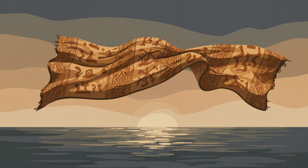 African patterned fabric floating above the sea – symbol of cultural memory and freedom