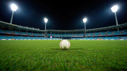 Cricket ball on empty night stadium field