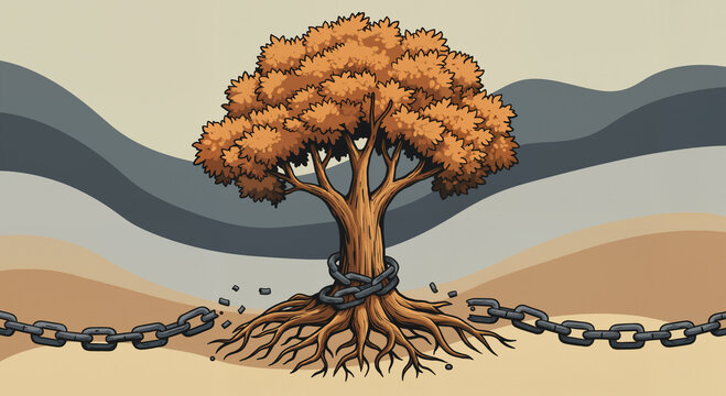 Powerful tree with broken chains – symbol of rooted strength and freedom - Powered by Adobe