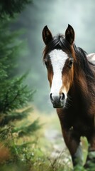 Obraz premium Brown horse with white spot exploring a forested path during misty morning