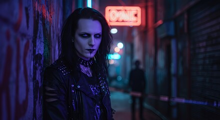Goth Person in Neon Alleyway with Dramatic Lighting and Attitude.