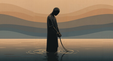 Man in ocean with lowered arms in chains – symbol of captivity and pain