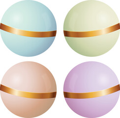 A Set of Four Smooth, Glossy 3D Spheres, Each Adorned with a Metallic Gold Horizontal Band and Presented in Different Pastel Colors.