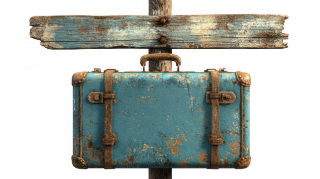 Old, rusty, light blue suitcase hangs from a weathered wooden signpost with a blank sign, isolated on a transparent background, creating a vintage travel concept - Powered by Adobe