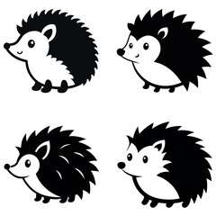 Four Simple Stylized Hedgehog Cartoon Drawings in Black and White Minimalist Design Style