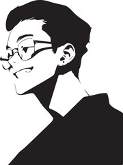 A Striking Black and White Vector Illustration of a Young Man's Profile, Wearing Glasses and Smiling