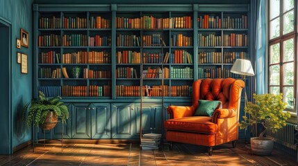 Cozy library nook with sunlight streaming in