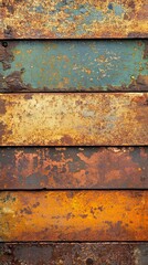 Rustic and colorful metal panels showcase a beautiful harmony of orange, blue, and earthy tones, adding vintage appeal to any creative project or design needs.