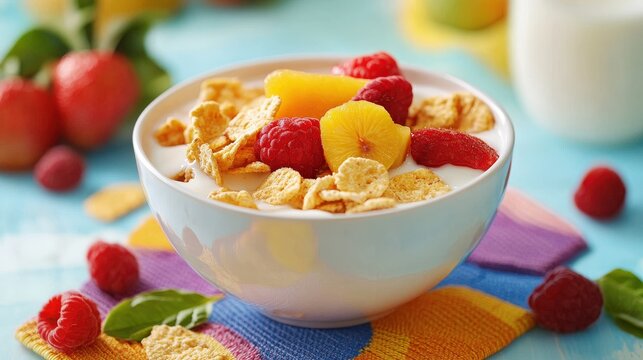 A colorful breakfast bowl with yogurt cereal and fresh fruit