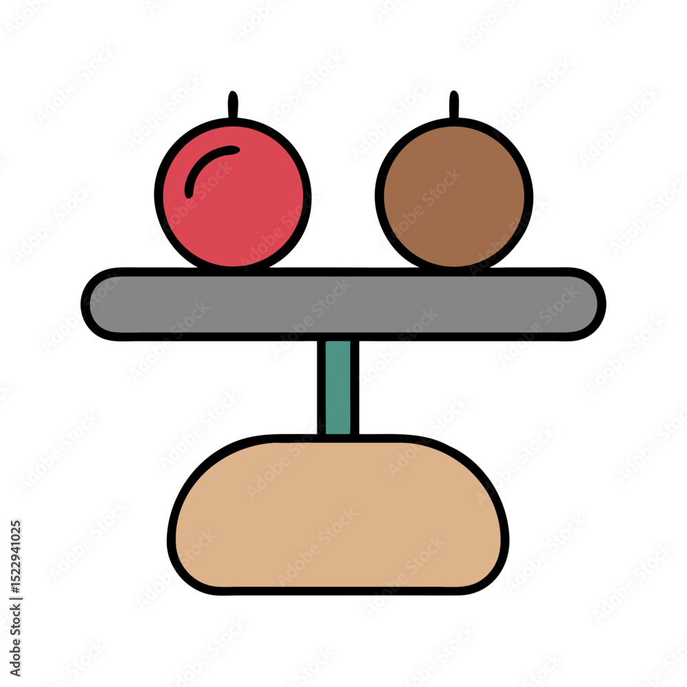 Poster balancing scale with red and brown spheres on each side