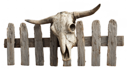 Weathered wooden fence holding a cow skull trophy with horns, isolated on transparent background, perfect for western, rustic, or farm themed projects