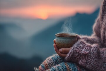 Close-up of hands holding a warm cup at sunset in nature