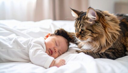 寝ている赤ちゃんを優しく見守る猫