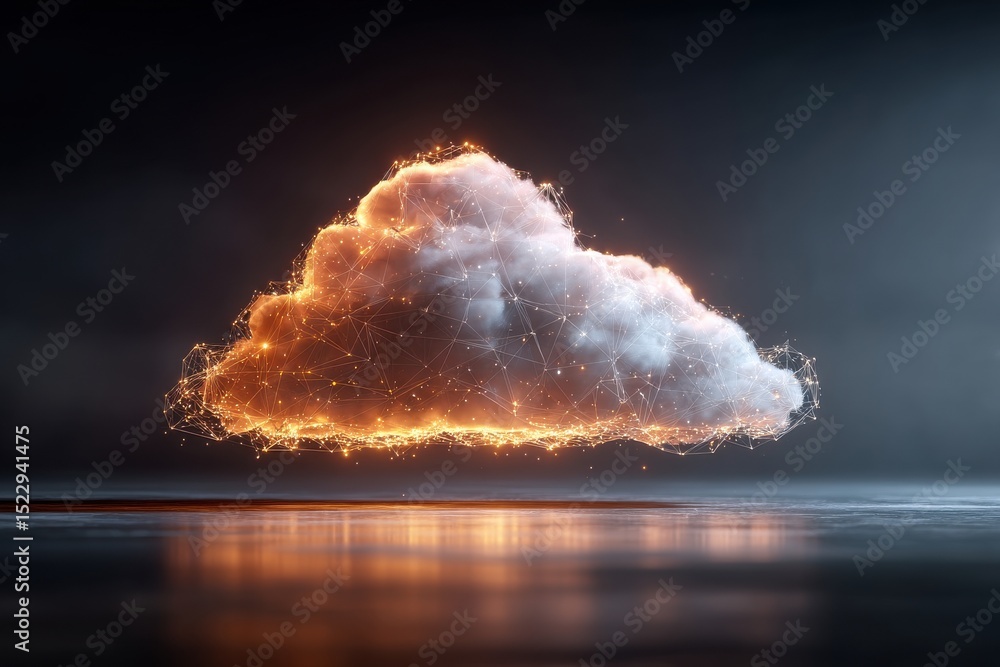 Poster digital cloud illuminated with glowing orange networks and particles