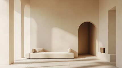 Beige minimalist living area with arched openings.