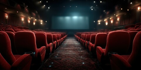 Empty theater with red seats and dim lighting before the movie screening starts