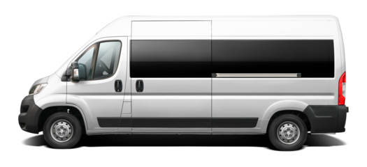 Side view of a modern white long-wheelbase passenger minibus. Isolated on a transparent background, in PNG format.
