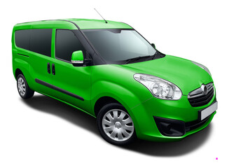 Modern European passenger minivan, front side view isolated on white background in png format, green color.