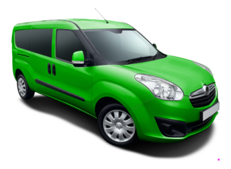 Modern European passenger minivan, front side view isolated on white background in png format, green color.