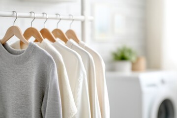 Neutral Sweaters Hanging in a Bright Laundry Room