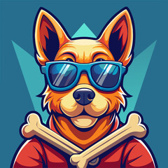 Stylish vector illustration of a cartoon German shepherd in red sunglasses crossing bones in a bold pose designed for confident pet-themed children vectors