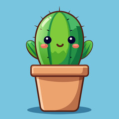 Minimalist vector illustration of a smiling cactus in terracotta pot with big cartoon eyes made for plant-themed educational graphics and cute nature stickers