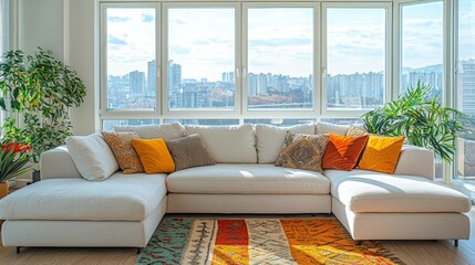 Modern living room with panoramic city view