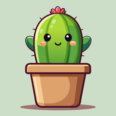 Cute vector illustration of a blooming cactus with pink flower in a small pot designed for botanical children’s cartoon themes and cheerful nature sticker sets