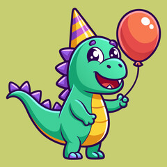 Cute vector illustration of a green cartoon dinosaur with purple hat and balloon drawn for joyful birthday-themed children’s vector sticker sets and decorations