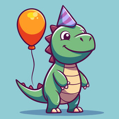 Cheerful vector illustration of a cartoon dinosaur with balloon and party hat drawn in cute style for children’s birthday-themed vector designs and decor elements