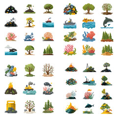 Illustration set of marine life, ocean pollution, coral reef destruction, deforestation, and wildlife conservation for educational and environmental awareness content.

