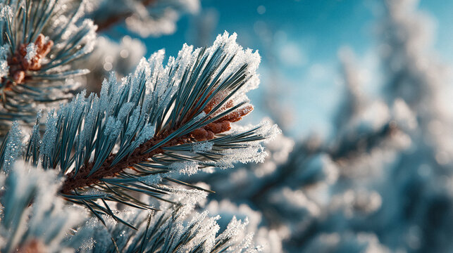 Pine Tree close up, winter snow, blue tones