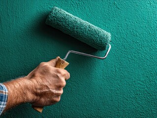 Dark Teal Wall Painting with Wooden Handle Roller