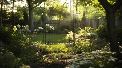 Fototapeta premium Empty Garden Swing Beneath Summer Sunlight