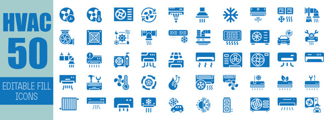 Fifty hvac icons editable fill blue color set
