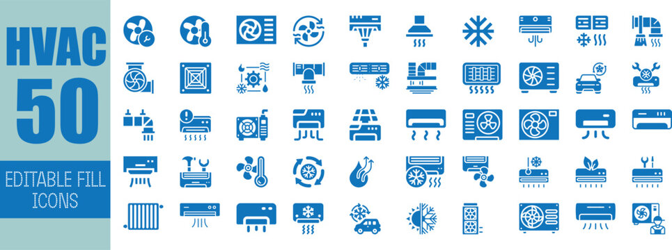 Fifty hvac icons editable fill blue color set